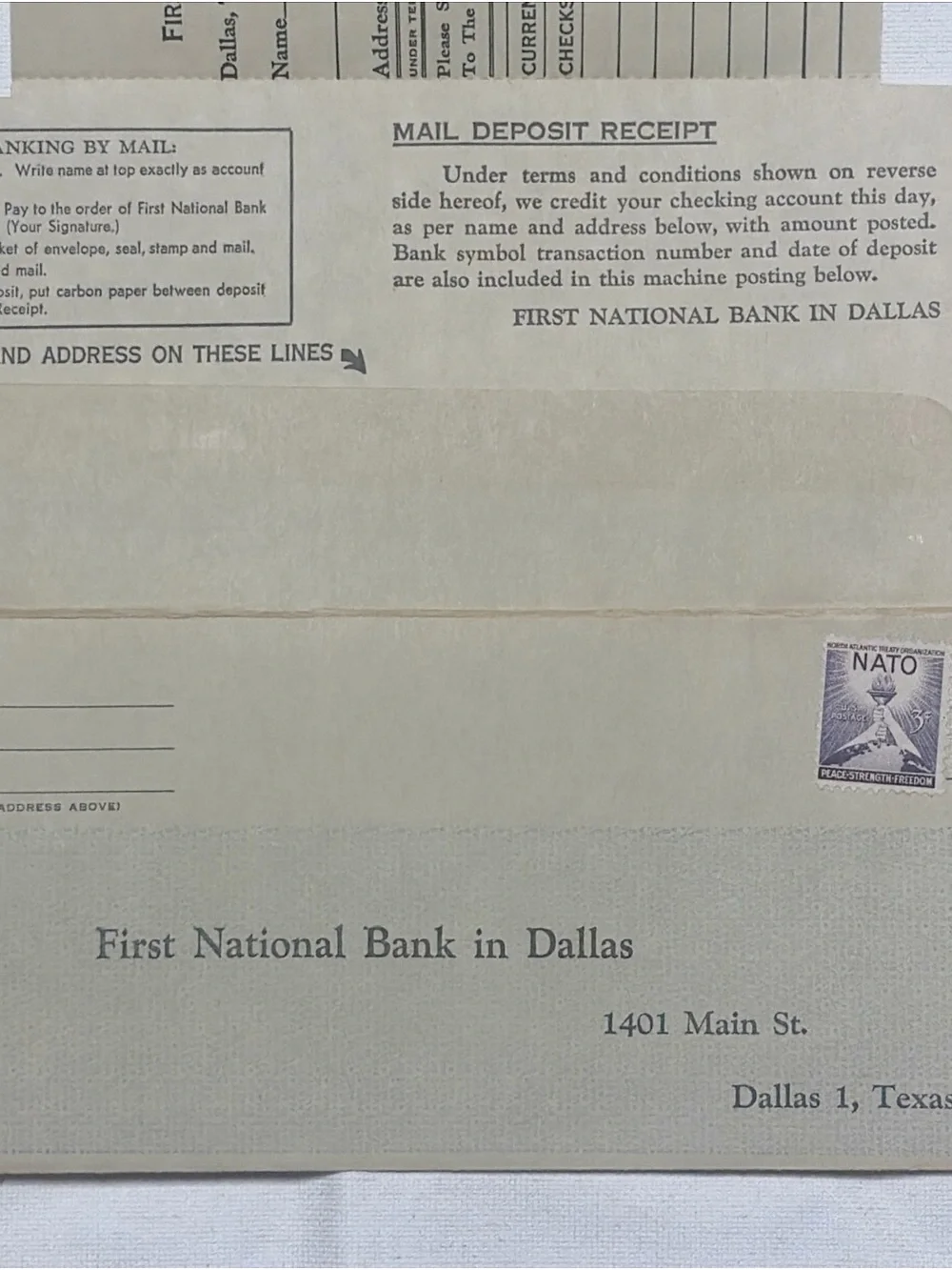 Vintage First National Bank Dallas Mail Deposit Envelope NATO 3¢ Stamp 1952